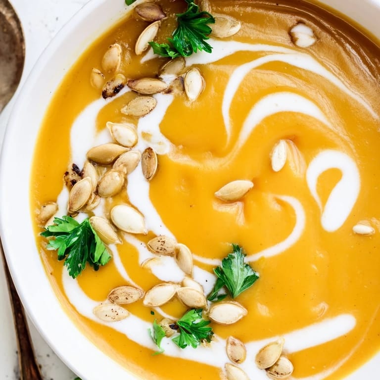 Roasted butternut squash soup in a cozy white bowl, topped with fresh parsley and a drizzle of cream for comfort.