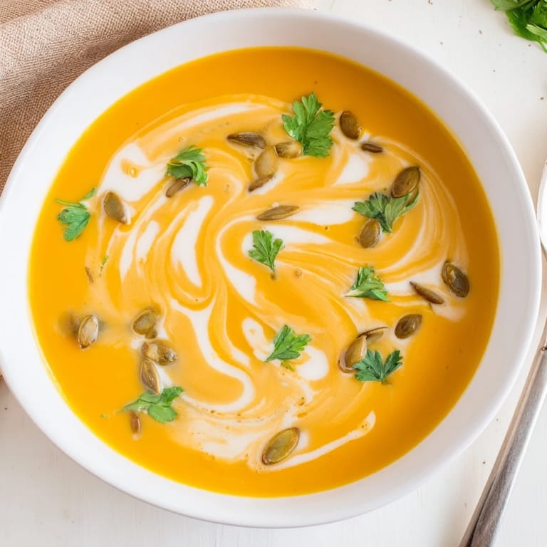 Warm butternut squash soup with golden roasted squash pieces, aromatic spices, and a creamy texture perfect for winter meals.