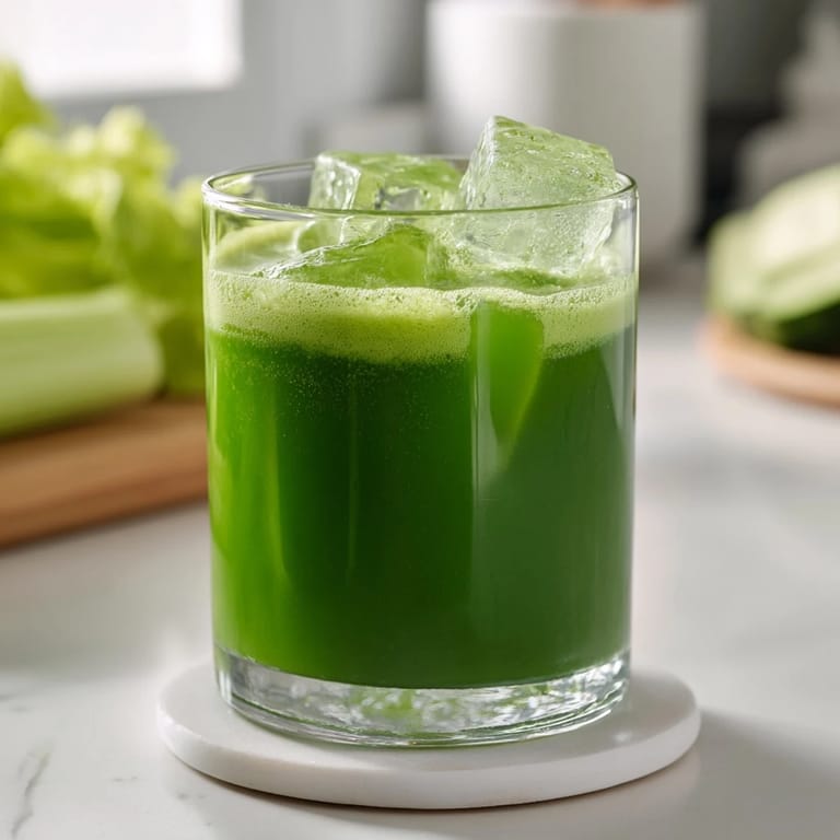 Bright green Cabbage and Kale Detox Juice poured over ice, with celery and ginger ready for blending in the background.