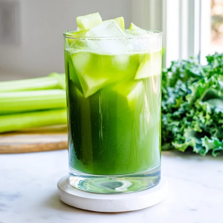 This homemade green juice blends chopped kale, cabbage, and crisp apple for a nutrient-packed, refreshing detox drink.  