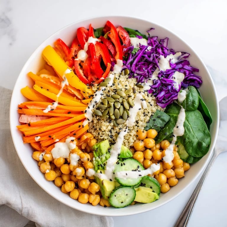 Freshly prepared Rainbow Buddha Bowl With Quinoa showcases chickpeas, crunchy cabbage, and carrots in a colorful, wholesome presentation.
