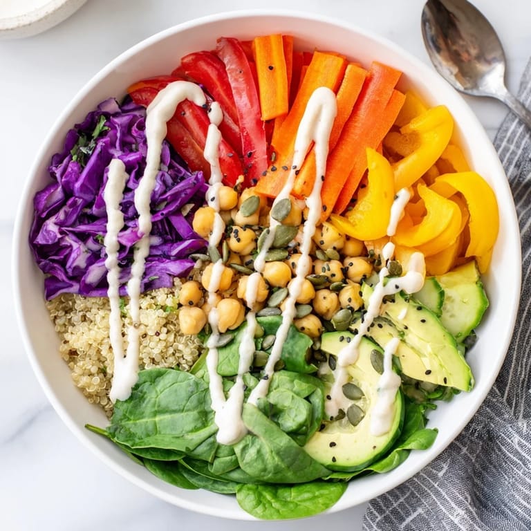 A nourishing Rainbow Buddha Bowl With Quinoa is topped with toasted pumpkin seeds and a lemony tahini dressing.