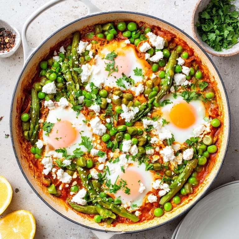 A hearty spring vegetable shakshuka bubbling in a cast iron skillet, topped with crumbled feta and fresh parsley, served with crusty bread for dipping.