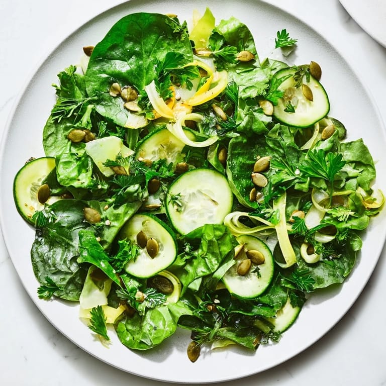 A fresh bowl of Glowing Green Salad with mixed greens and zucchini slices, sprinkled with crunchy pumpkin seeds.