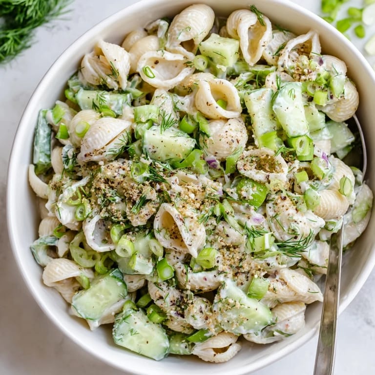 Close-up of Cucumber Crunch Pasta Salad showing creamy dressing, fresh dill, and crunchy everything bagel topping.