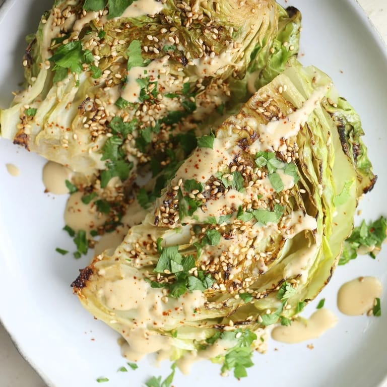 Roasted cabbage wedges with tahini sauce are drizzled on a rustic platter, paired with warm pita and lemon.  