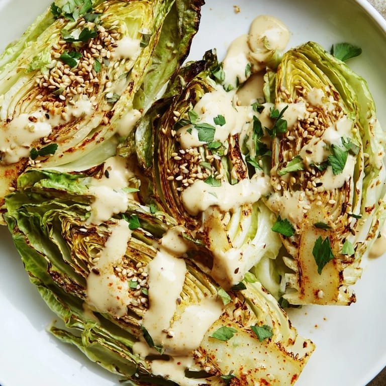 A close-up of roasted cabbage wedges with tahini sauce highlights charred edges, sesame seeds, and fresh herb garnish.