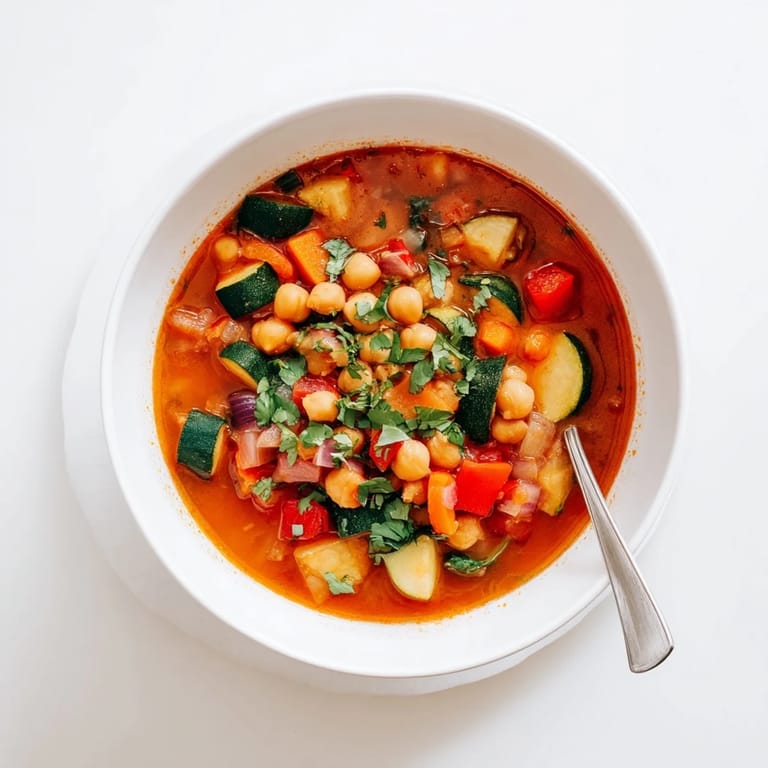 Hearty Spicy Chickpea Stew simmering in a pot, featuring vibrant carrots, spinach, and red bell pepper in a rich broth.