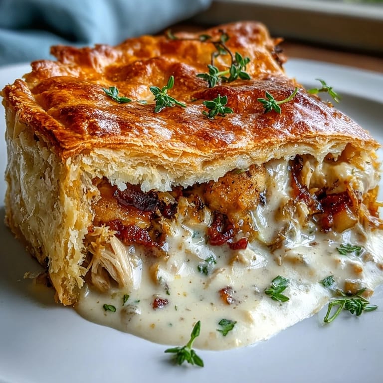 Homemade Chicken and Leek Pie with tender thigh meat and smoky bacon, served fresh from the oven.