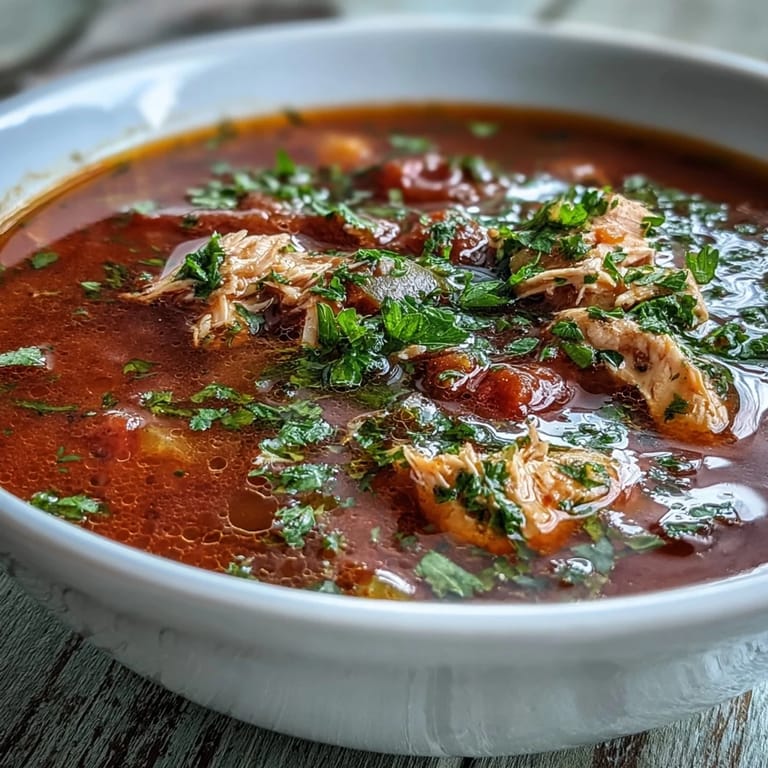 Close-up of homemade tuna and tomato soup in a bowl, garnished with parsley, next to a slice of crusty bread.