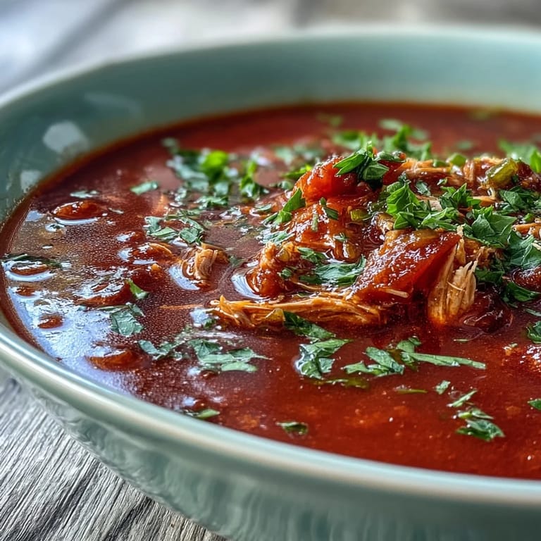 Ladle of savory tuna and tomato soup with steam rising, showing tender fish flakes, diced tomatoes, and aromatic herbs. 