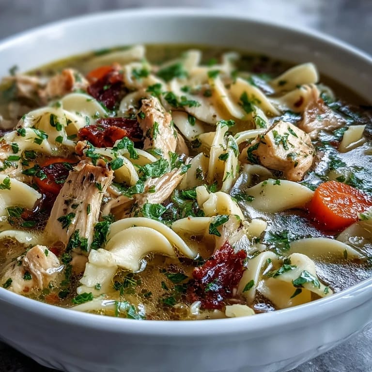 Serving suggestion for Chicken Noodle Soup with crusty bread and lemon wedges on a rustic wooden table.