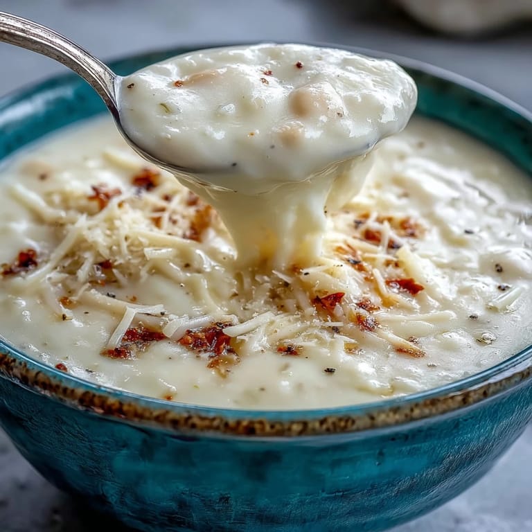 White Bean and Parmesan Soup served with crusty bread and olive oil drizzle on a rustic wooden table.