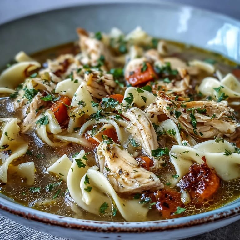 Steaming pot of hearty Chicken and Noodle Soup on a stovetop, filled with chunky vegetables and savory broth, ready to be served on a cozy American family dinner table.