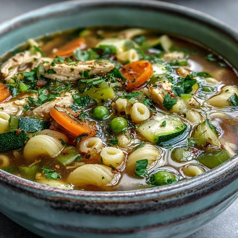 Pasta Soup With Chicken and Vegetables simmering in a pot with zucchini and green beans.