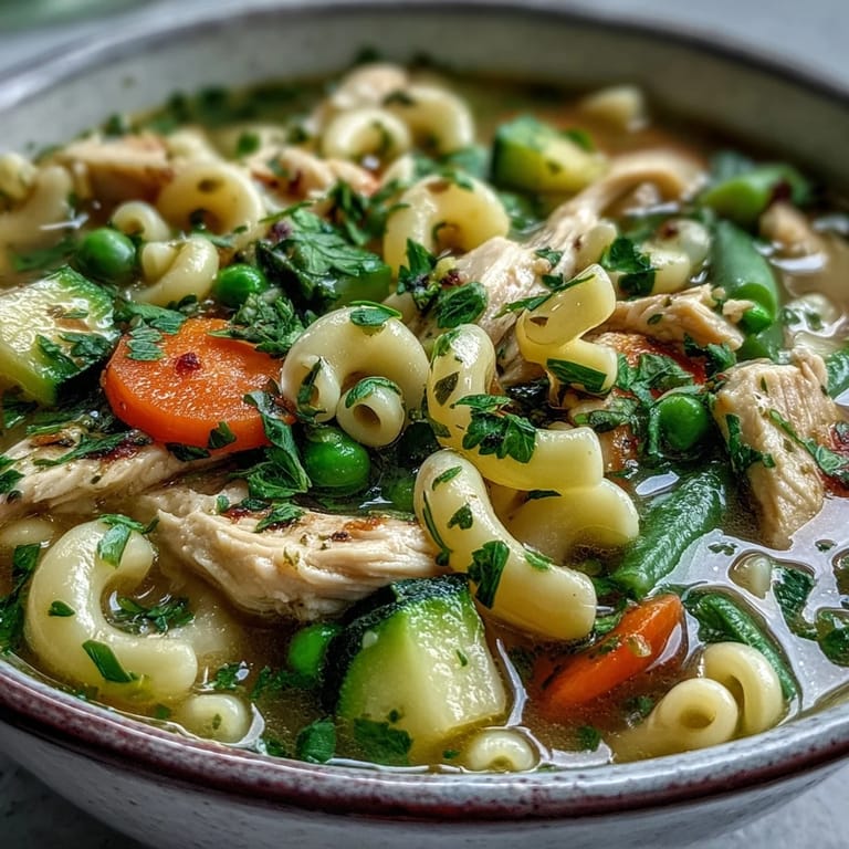 Family-style serving of Pasta Soup With Chicken and Vegetables next to crusty bread slices.