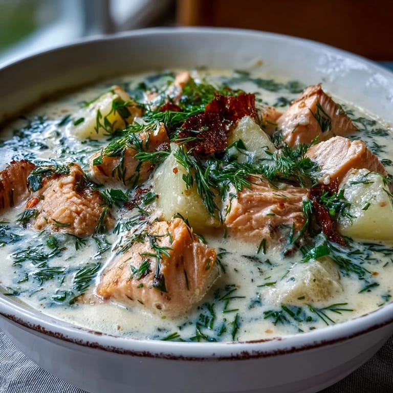 Hearty Finnish Salmon Soup featuring salmon cubes, carrots, and leeks in a rich, creamy white broth.