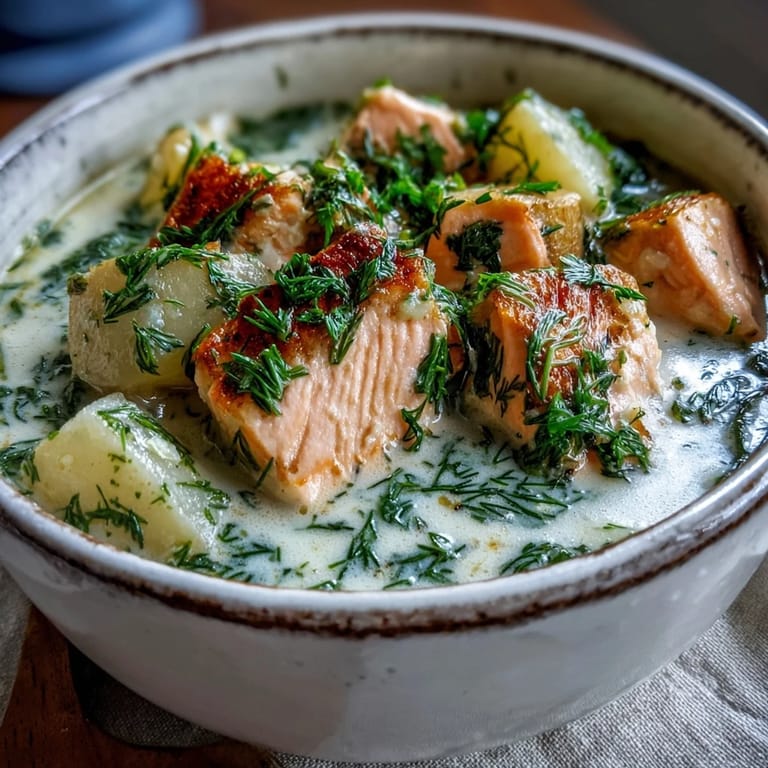 Healthy Finnish Salmon Soup garnished with dill, paired with rye bread and butter on a cozy table.
