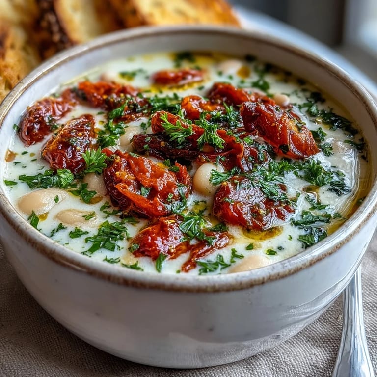 White Bean Soup With Tomato served in a cozy kitchen with a slice of crusty bread and a spoon.