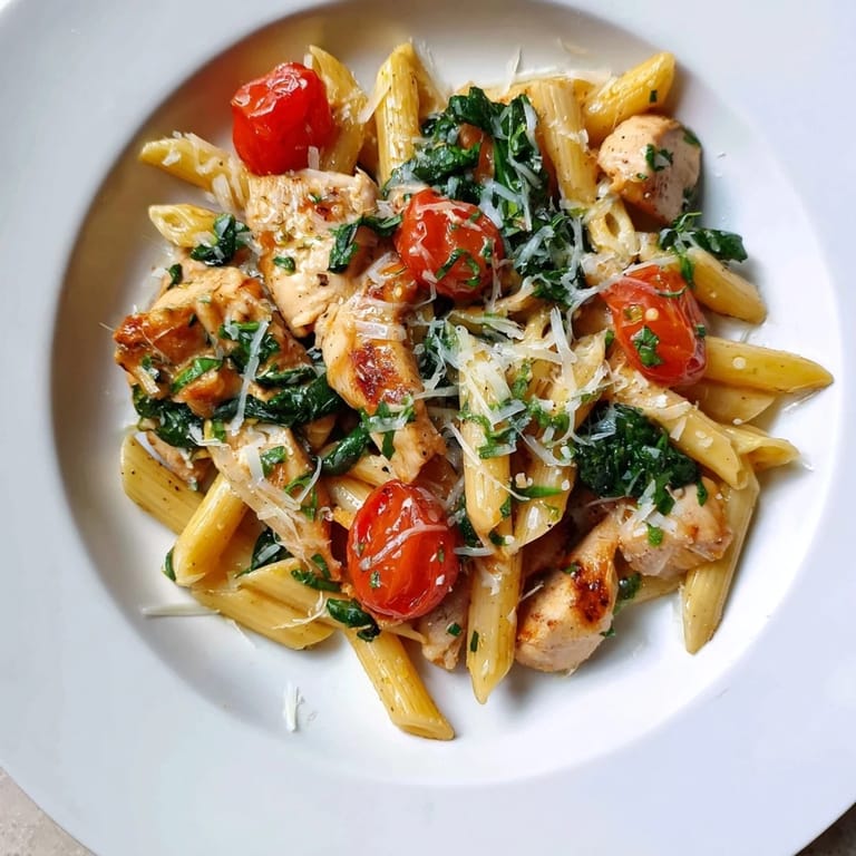 A close-up shows penne pasta and tender chicken pieces in a savory lemon herb sauce, ready to serve for dinner.  