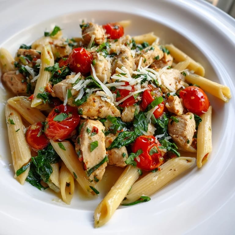 Hearty One-Pan Lemon Herb Pasta Chicken features juicy chicken, al dente pasta, and wilted spinach in a lemony broth.