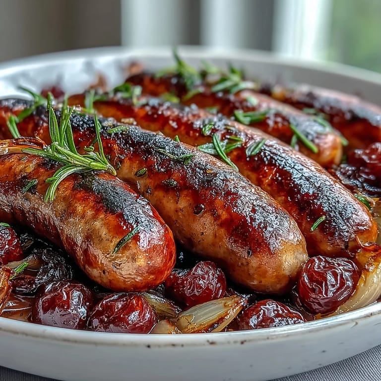 Fork-tender roasted sausage and grapes with glistening, sweet juices and fresh rosemary sprigs ready to serve.