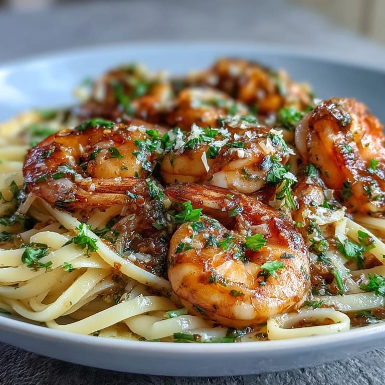 Sizzling Shrimp Scampi plated with linguine, a lemon wedge, and a buttery garlic herb sauce.