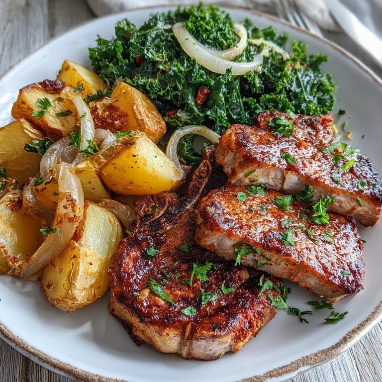 Tender Aleppo Pork Chops paired with crisp potatoes and sautéed greens, drizzled with olive oil and lemon.