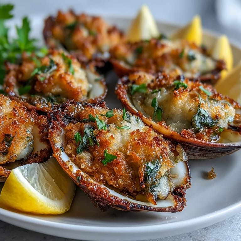 Roasted clams with lemony panko are garnished with parsley and lemon wedges, ready to serve as a savory seafood appetizer.