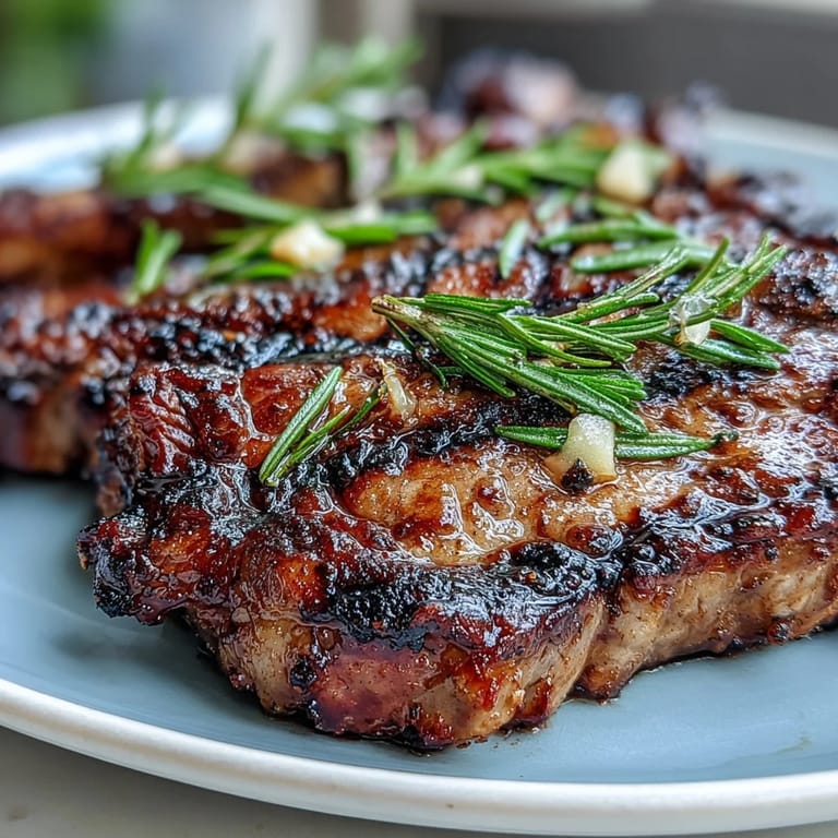 Golden grill marks sear across a thick, pepper-crusted bone-in rib eye steak, served with lemon wedges for a bright finish.