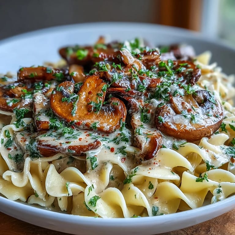 A skillet of Creamy Mushroom Stroganoff features browned mushrooms and a luscious sauce, ready to be tossed with wide pasta.