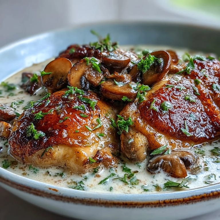 Golden-brown chicken thighs soak up the pale pink Coq au Vin Rosé sauce, garnished with fresh parsley.