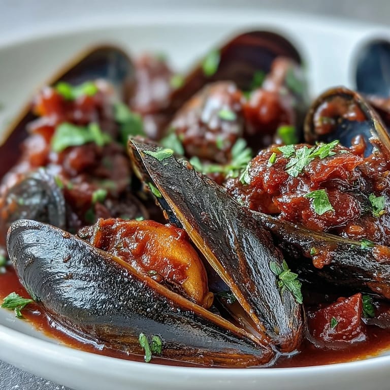 Spoon lifting tender Smoky Mussels Pomodoro from smoky tomato broth beside olive oil and wine glass.