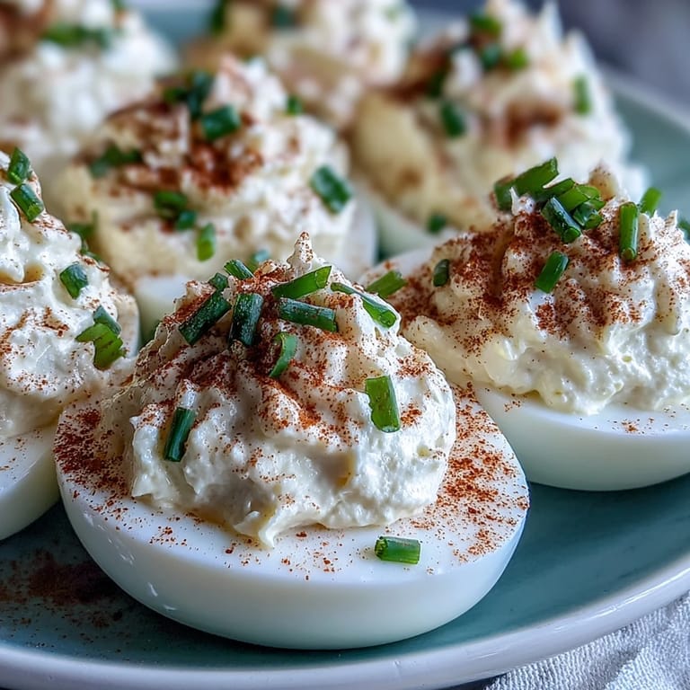 Close-up of Million Dollar Deviled Eggs topped with paprika and fresh chives, showcasing their tangy filling.