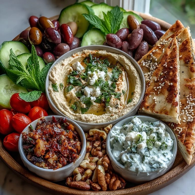 Colorful Mediterranean Brunch Board with creamy dips, feta, olives, and crisp warm flatbreads for sharing.