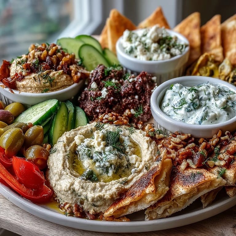 Close-up Mediterranean Brunch Board showing smooth dips, crunchy vegetables, and golden flatbread slices ready to dip.