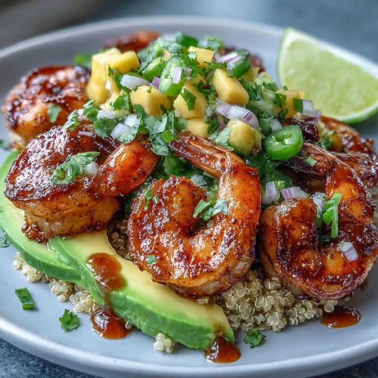 Fresh mango salsa with red onion and jalapeño crowns juicy grilled shrimp, creamy avocado, and fluffy quinoa, drizzled with lime chili sauce for dinner.