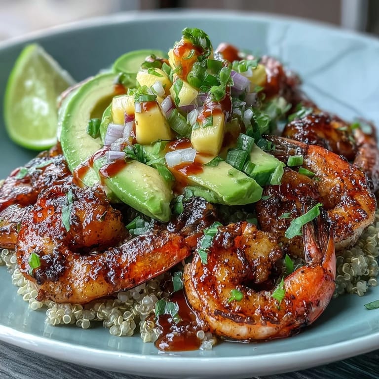 Smoky grilled shrimp, avocado, and quinoa bowl with bright mango salsa, lime chili sauce drizzle, and fresh cilantro, ready to serve with lime wedges.