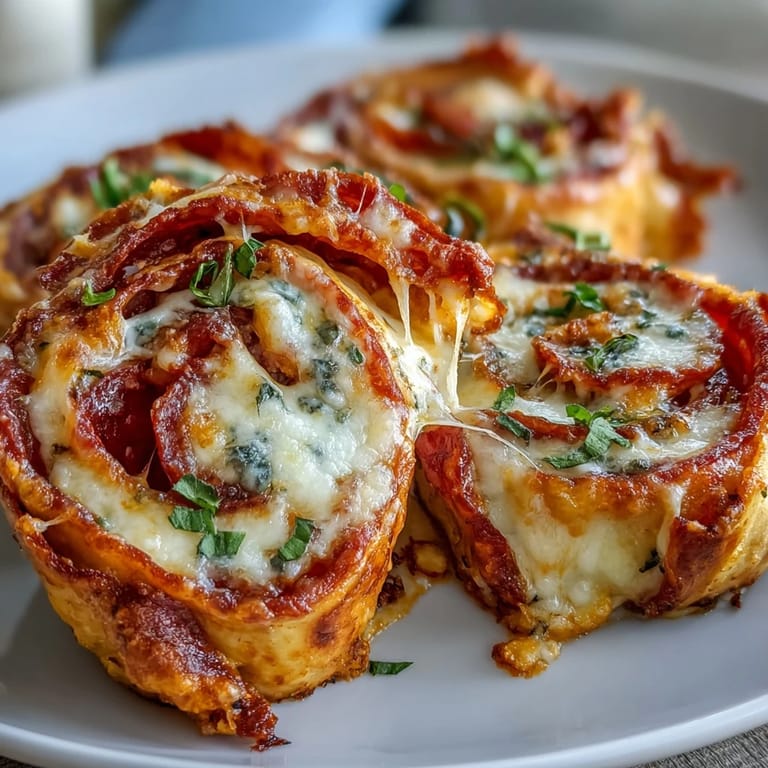 Golden Tortilla Pizza Rolls are arranged on a white plate, showcasing gooey cheese pulls and zesty tomato sauce filling.