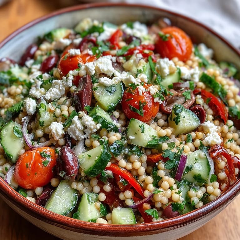 A close-up of Mediterranean Pearl Couscous with vegetables, olives, and feta, drizzled with zesty oregano dressing and served chilled.