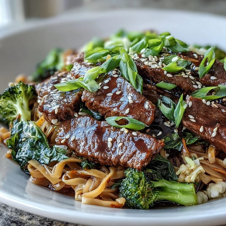 Korean Beef Noodles with tender beef, crisp veggies, and glossy sauce tossed with rice noodles.