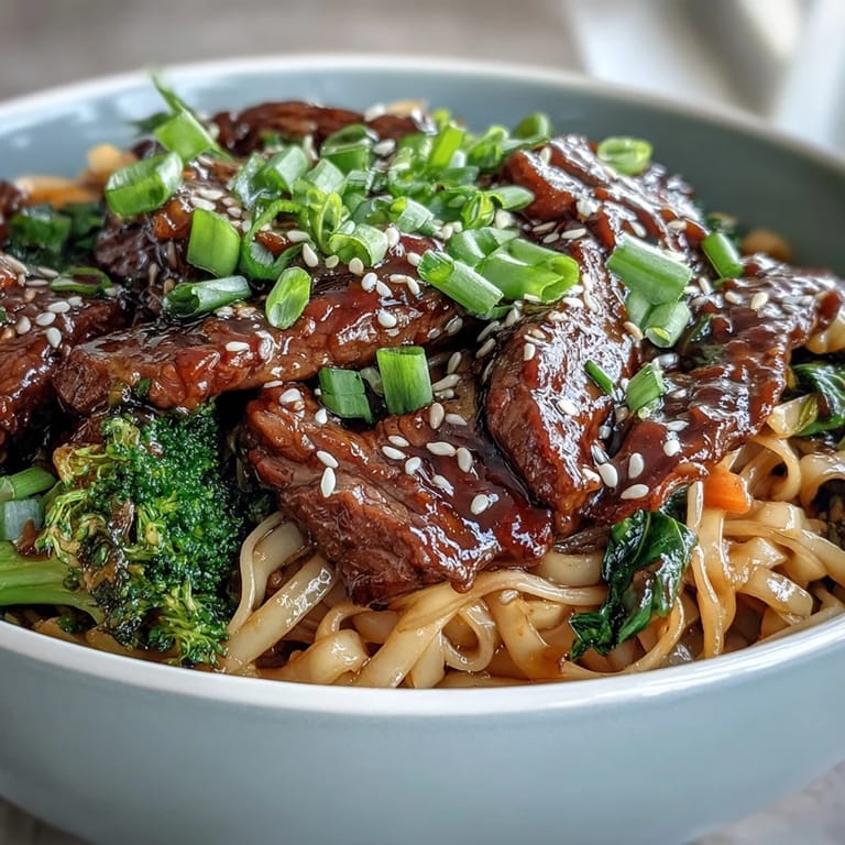 Sizzling skillet of Korean Beef Noodles, beef and vegetables coated in savory sauce for dinner.