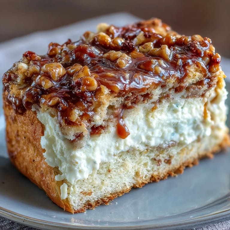 Thick slices of Caramel Cream Cheese Bread are stacked on a wooden board, showcasing the moist crumb and drizzled caramel topping.