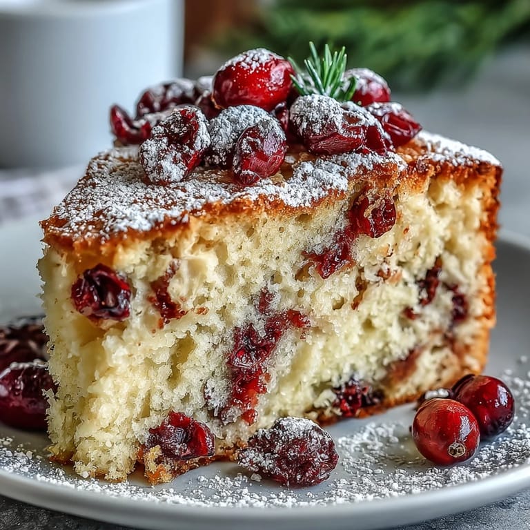 Moist Cranberry Orange Breakfast Cake with a golden-brown top and powdered sugar dusting, sliced to show tender interior studded with cranberries and zest.