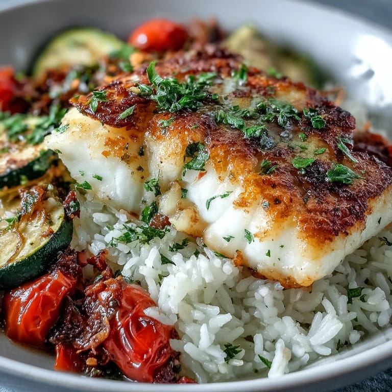 Healthy pescatarian dinner features a skillet-seared fish fillet over steamed jasmine rice and roasted vegetables, finished with a buttery garlic lemon sauce drizzle.