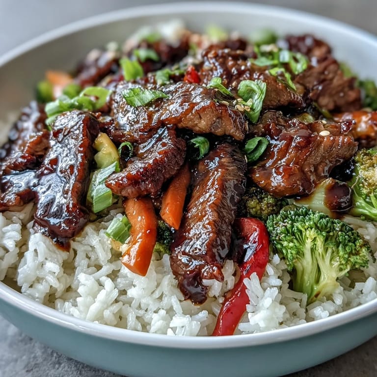 Garnished Teriyaki Beef Bowl served over steamed rice with sautéed vegetables and fresh green onions.