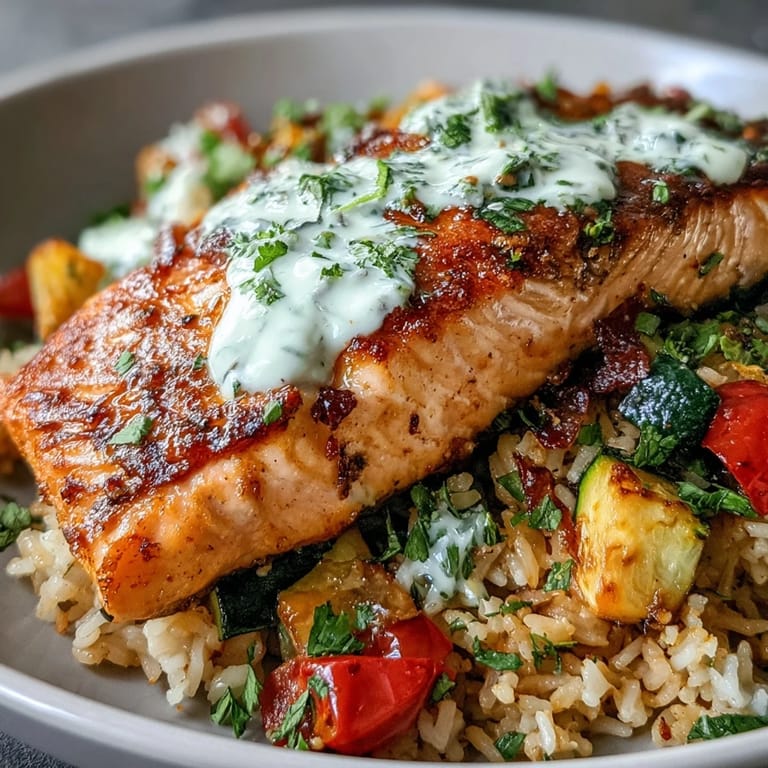 Golden crispy rice topped with pan-seared salmon and vibrant Mediterranean vegetables in a serving bowl.