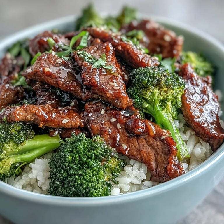 Sizzling beef and steamed broccoli served over jasmine rice for a Beef and Broccoli bowl.