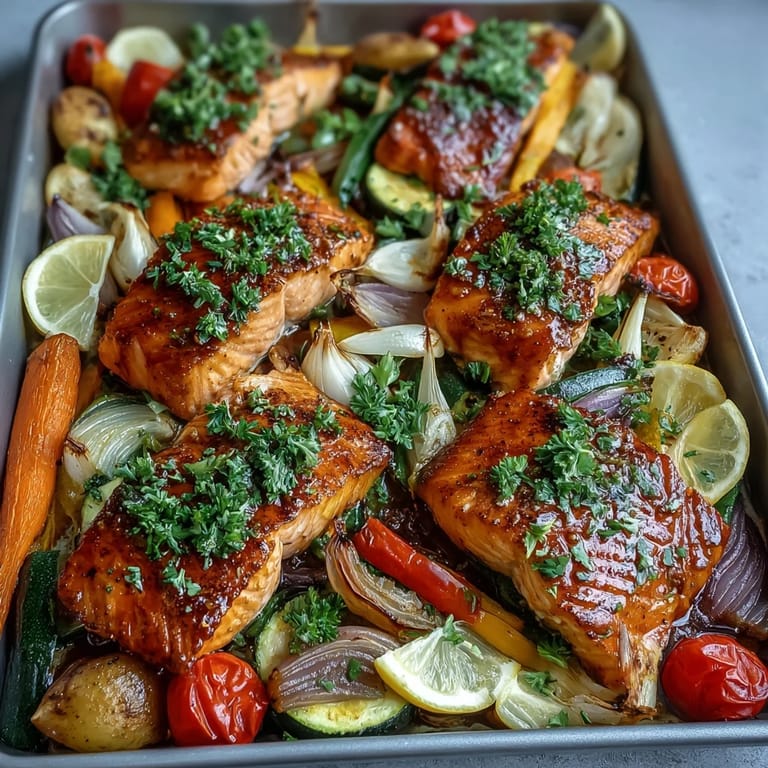 Healthy Sheet Pan Salmon and Veggies Bowl topped with fresh parsley, a perfect weeknight dinner for four served hot.