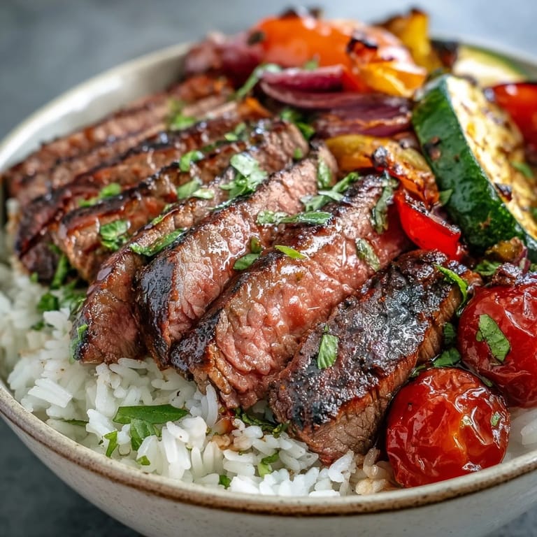 Close-up of Sheet Pan Steak and Veggie Bowl featuring juicy sliced steak next to roasted bell peppers and zucchini.